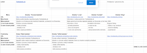 Example of website structure in Google Sheets
