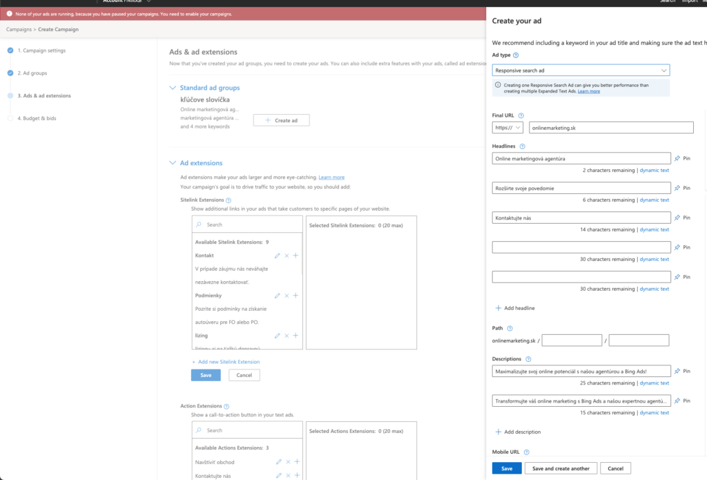 How to create a search campaign in Microsoft Ads 6