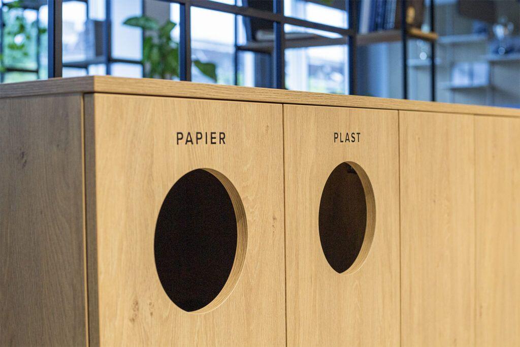 Waste separation bins for office use.