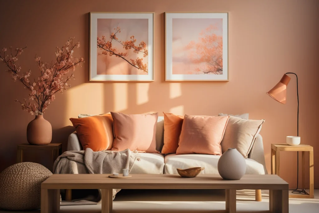 Wall and cushions in the colour of the year 2024 Peach Fuzz.