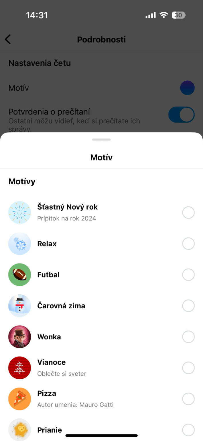 Options for background themes in Instagram conversations.